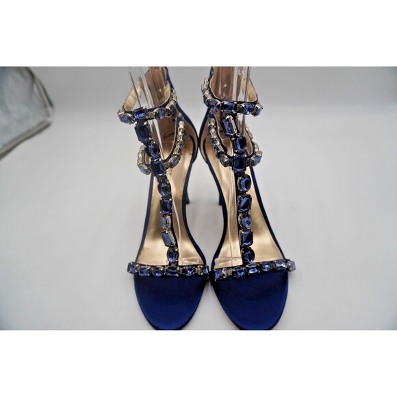Nine West Navy Blue Satin Crystal Embellished Ankle Strap Evening Stiletto 9.5M - Picture 6 of 8